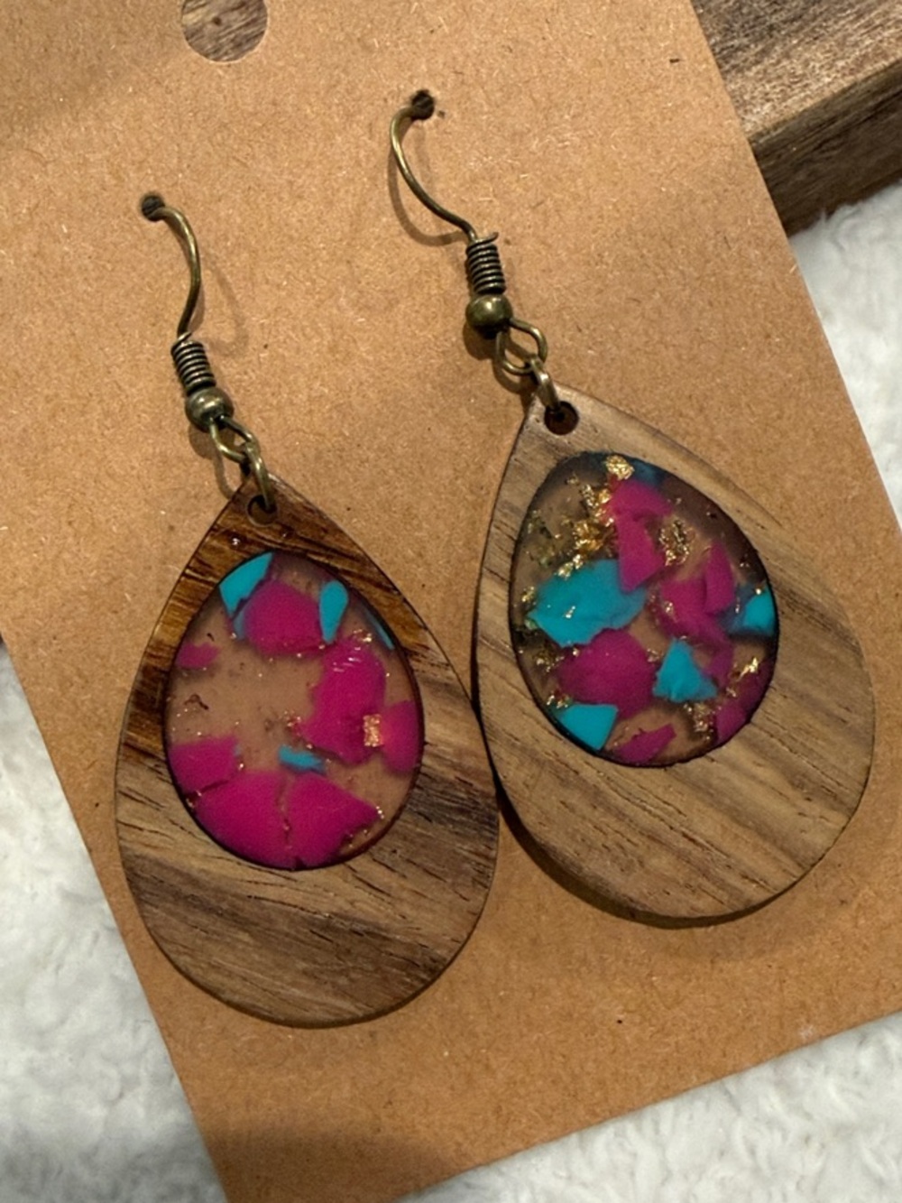 Wood Teardrop Earrings with Pink & Turquoise Resin Inlay